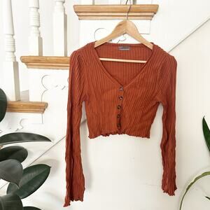Urban Outfitters UO Ribbed Button-Up Long Sleeve Cropped Top Rust Size L Large